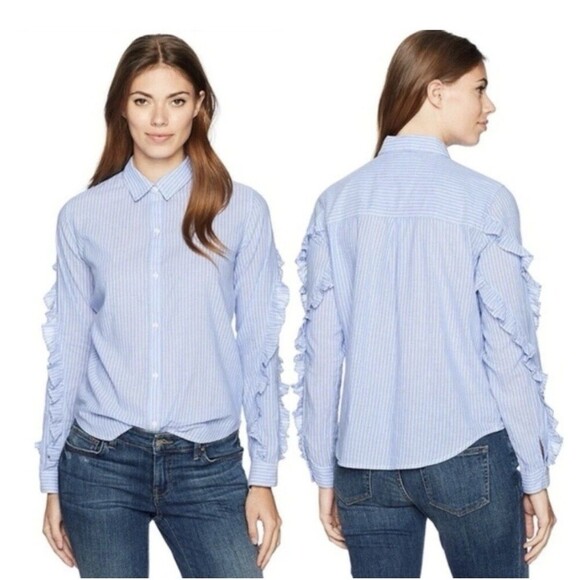 Rails Lizzi Button Down Shirt Bellflower Blue White Stripe Ruffle Trim Women’s L - Picture 1 of 12
